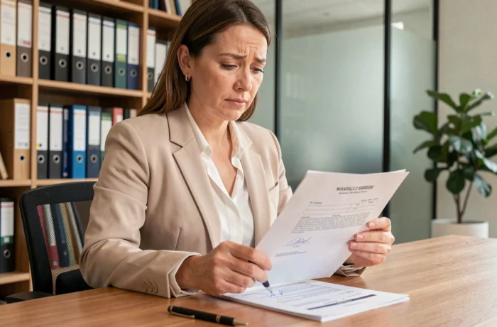 Femme hésitant à signer un bail immobilier dans un bureau professionnel, stylo posé sur le contrat