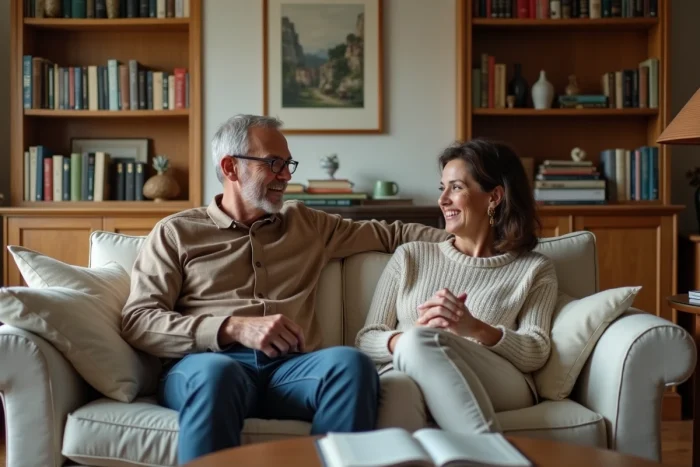 Scène familiale dans un salon français bourgeois avec bibliothèque et mobilier en bois chaleureux