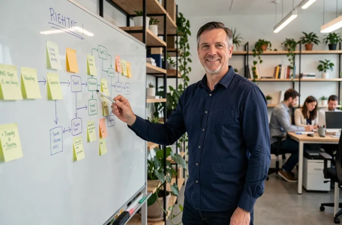 Homme expliquant la structure de navigation d'un site web sur un tableau blanc avec des notes adhésives colorées