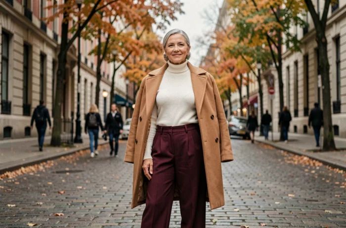 Femme élégante aux cheveux argentés portant un manteau camel et un pantalon large dans une rue pavée en automne