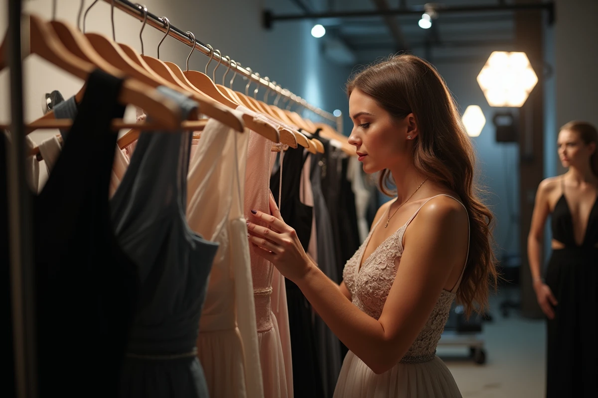 Styliste arrangeant des robes dans un studio télé