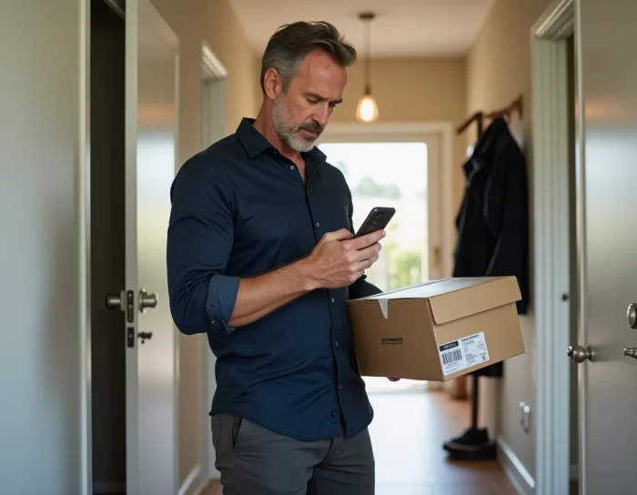 Homme vérifiant l'authenticité d'une boîte Skechers en scannant le code-barres avec son smartphone