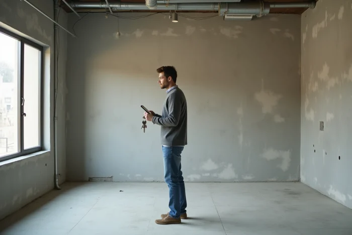 Jeune homme visitant un appartement vide avec clés et annonce immobilière sur smartphone