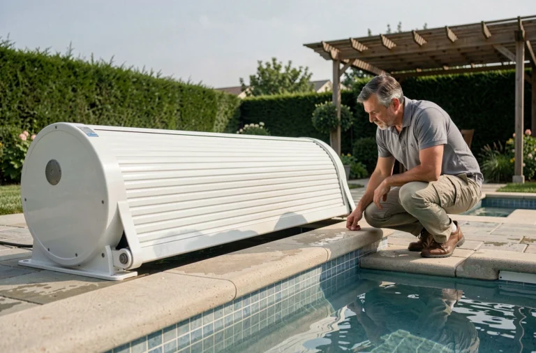 Homme examinant le mécanisme d'un volet roulant de piscine installé sur le bord d'une piscine résidentielle extérieure