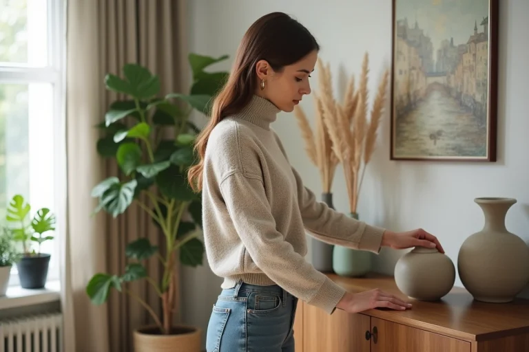 Femme stylée arrangeant des vases en céramique dans un salon moderne